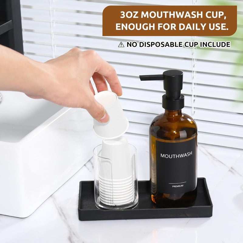 TOLDATLI Mouthwash Dispenser for Bathroom, Glass Mouth Wash Pump Dispenser with Cup Holder, 17 Fl Oz Mouthwash Bottle Decanter with Tray, Refillable Mouthwash Dispenser Container, Stylish (Amber) - Image 4